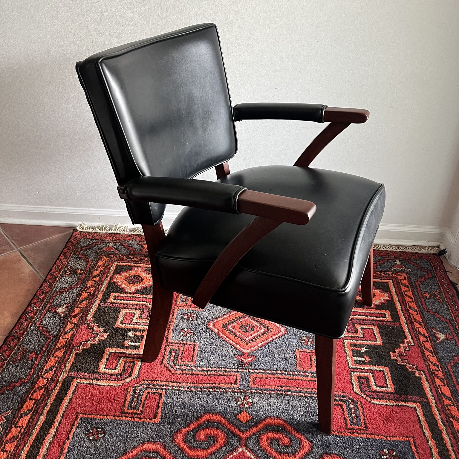 Vintage Low Profile Wood & Black Armchair